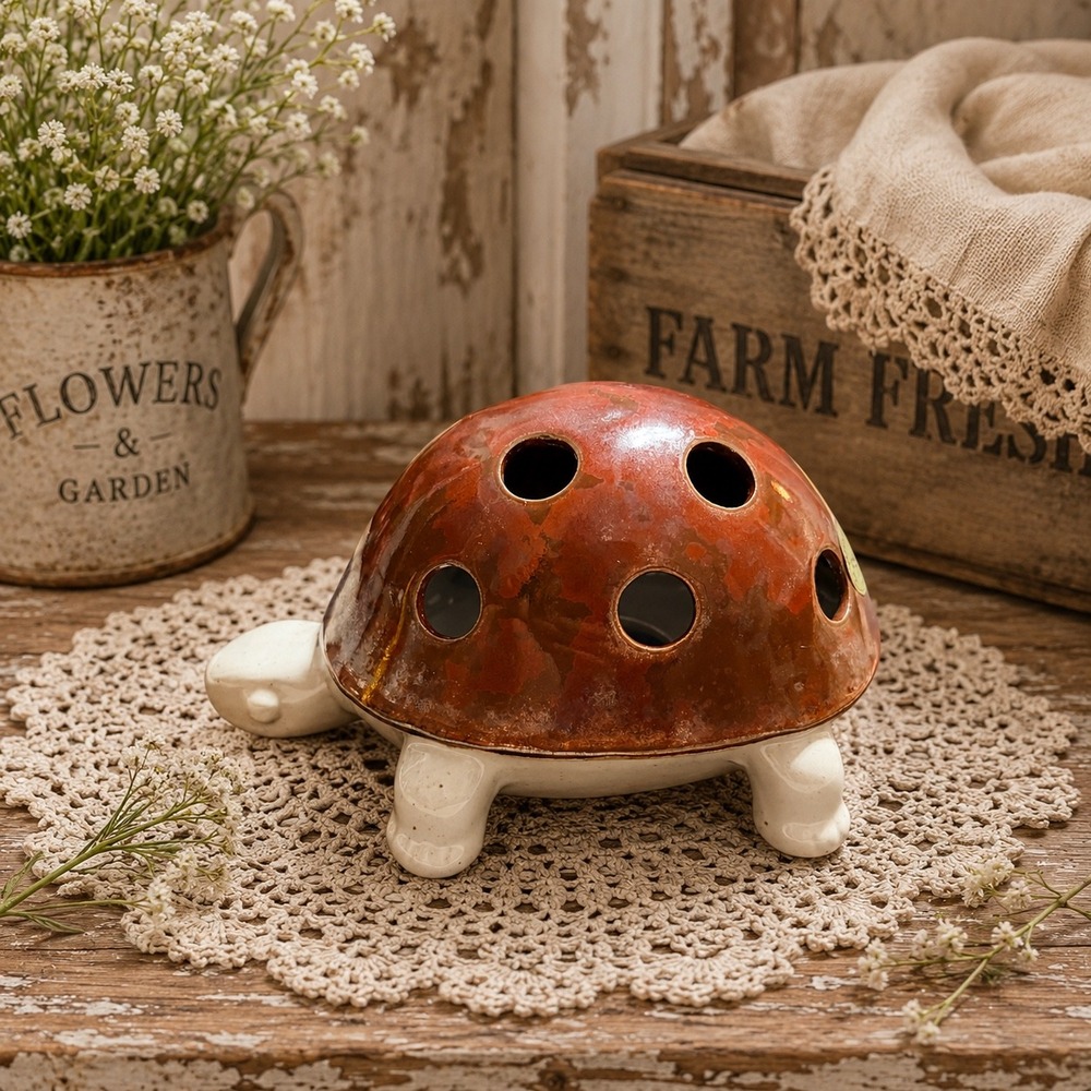 Vintage Vandor 1989 Ceramic Turtle Flower Frog Japan Brown Glazed Shell Decor